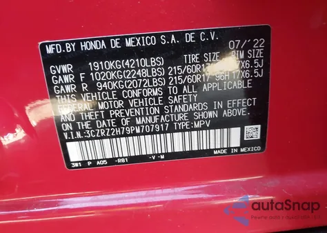 2023 Honda Hr-V Awd Ex-L из США, поврежденный, VIN 3CZRZ2H79PM707917